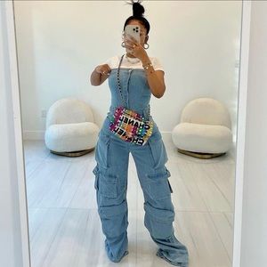Light Wash Denim Cargo Jumpsuit